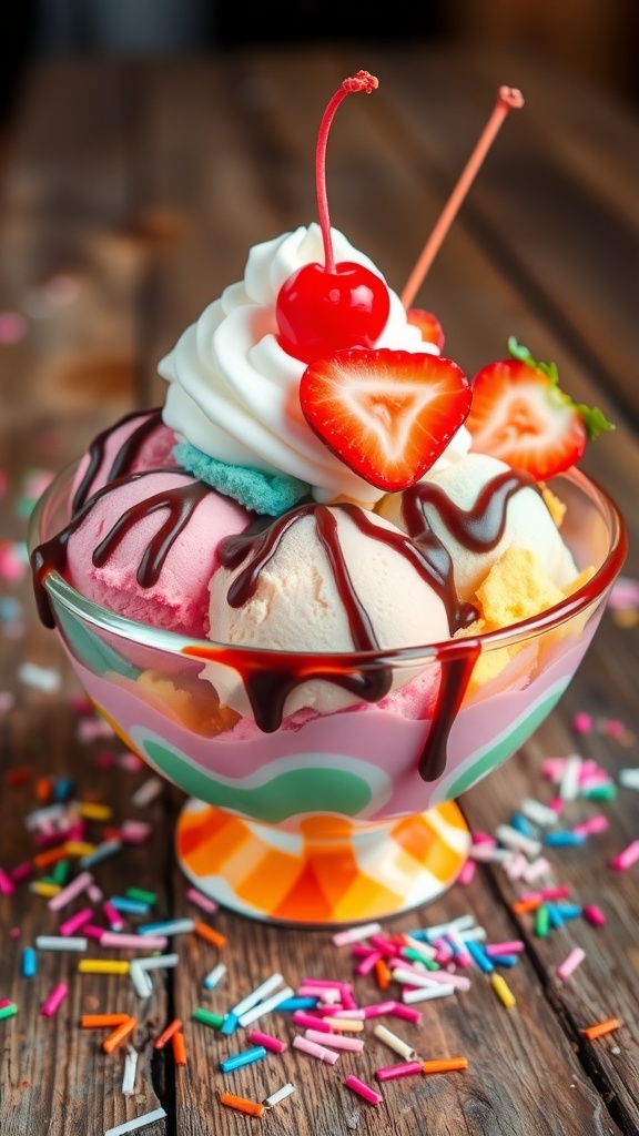 A colorful ice cream bowl with chocolate sauce, strawberries, and whipped cream on a wooden table.